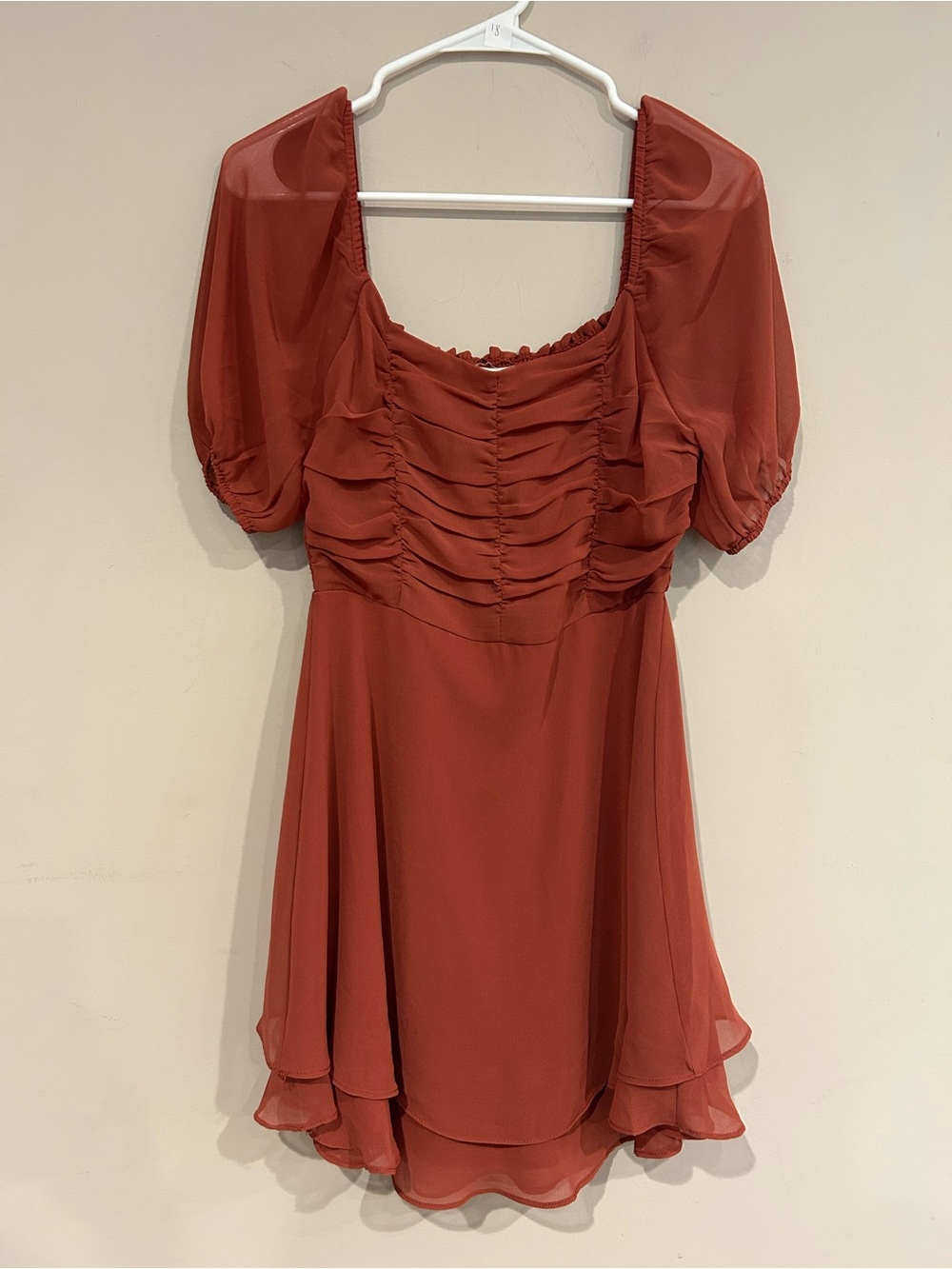 Altar'd State Rust Red Ruched Puff-Sleeve Mini Dress